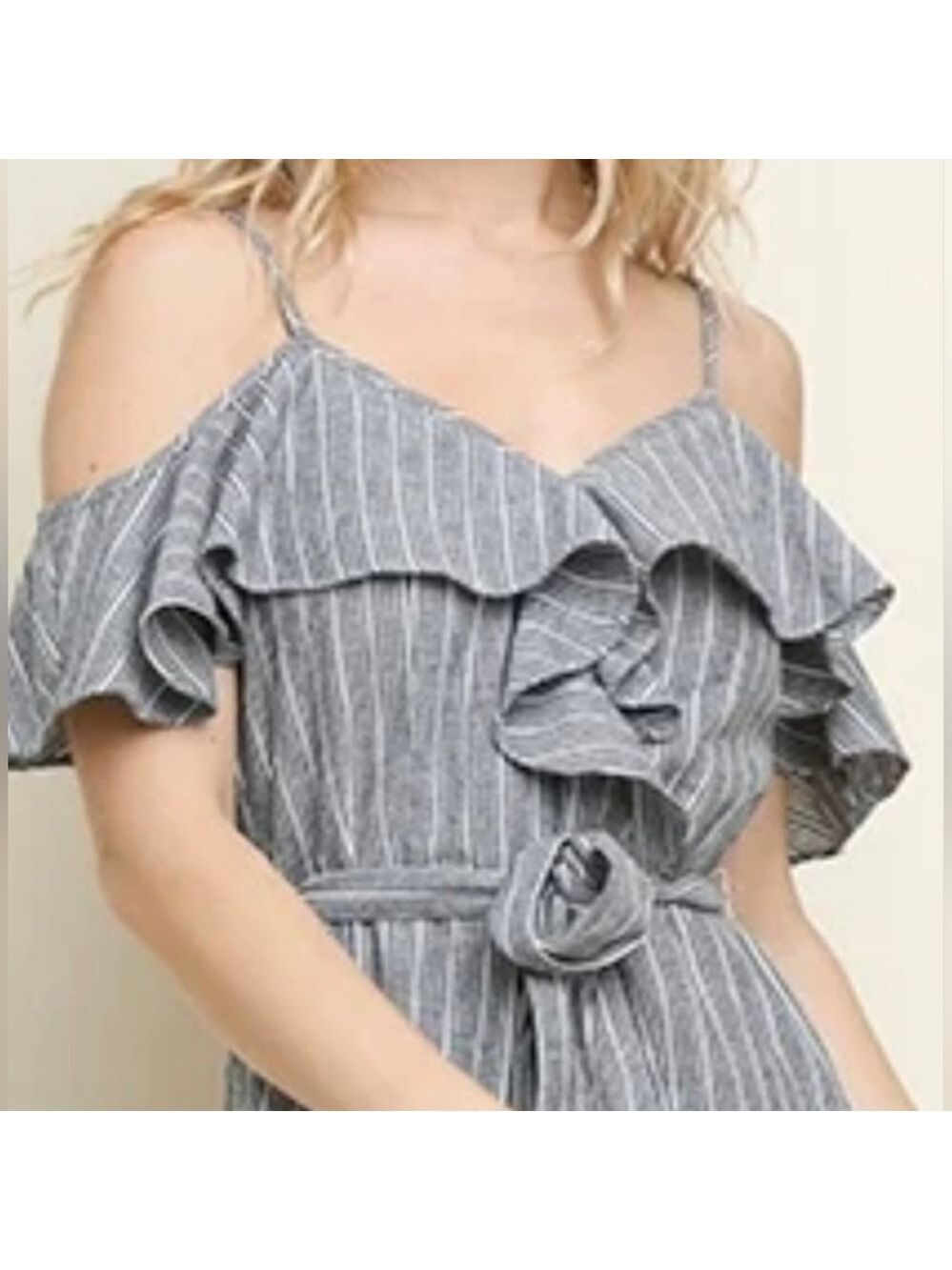 UMGEE - Gray & White Striped Cold-Shoulder Ruffle Jumpsuit - Picture 5 of 7